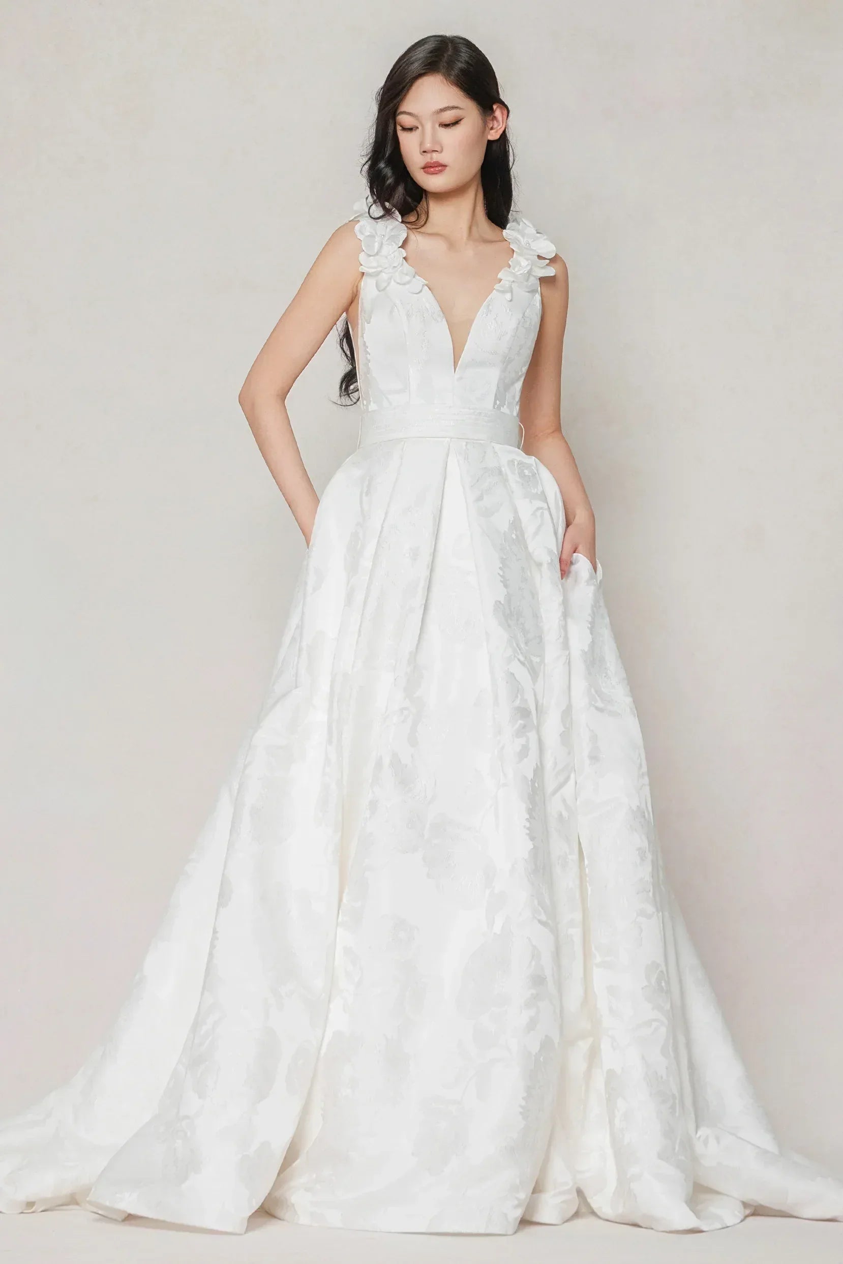 A-Line Court Train Jacquard Satin Wedding Dress CW3622 - COCOMELODY